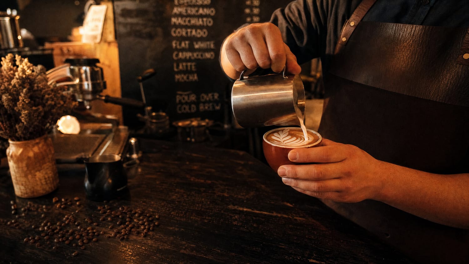 Barista pouring latte art at MoonBean's Coffee